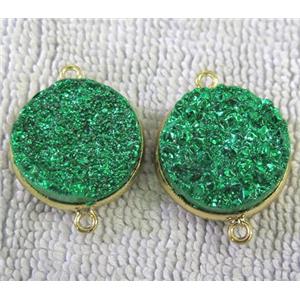 metallic quartz druzy connector, flat-round, green electroplated, approx 20mm dia