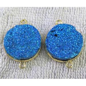 metallic quartz druzy connector, flat-round, blue electroplated, approx 20mm dia