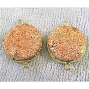 metallic quartz druzy connector, flat-round, rose-gold electroplated, approx 20mm dia