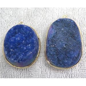 blue quartz pendant with druzy, freeform, gold plated, approx 20-50mm