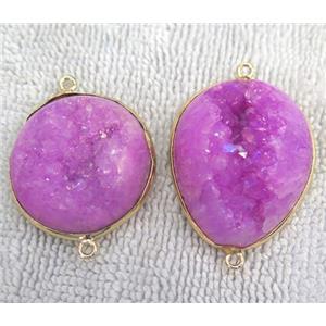 hotpink quartz druzy connector, freeform, gold plated, approx 15-35mm