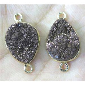 druzy quartz connector, teardrop, brown electroplated, approx 12x16mm