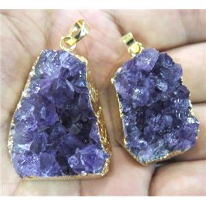 Uruguayan Amethyst Druzy Cluster Pendant, ametist, freeform, gold plated, approx 20-30mm