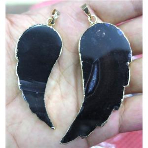 black Agate pendant, angel wing, gold plated, approx 15-60mm