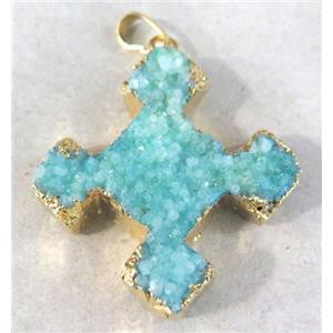 blue quartz druzy cross pendant, approx 25-35mm