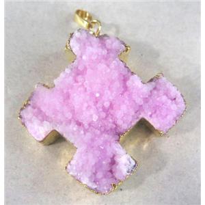 pink quartz druzy cross pendant, approx 25-35mm