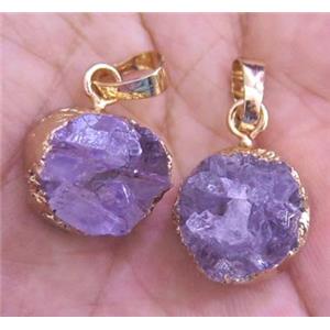 amethyst druzy pendant, flat-round, gold plated, approx 10-12mm