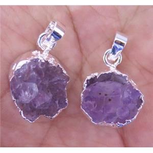 amethyst druzy pendant, flat-round, silver plated, approx 10-12mm