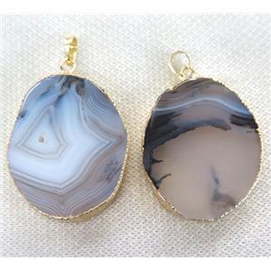Heihua agate slice pendant, gray, freeform, gold plated, approx 20-50mm