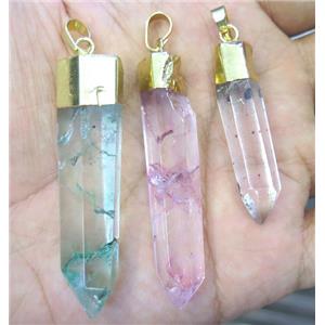clear quartz stick pendant, dyed, mixed color, gold plated, approx 25-50mm