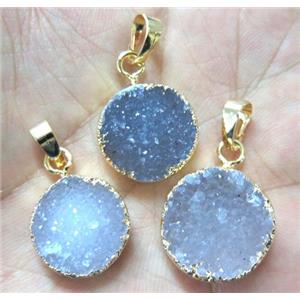 druzy agate pendant, flat-round, approx 14-18mm dia