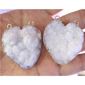 white quartz druzy heart pendant with 2holes, approx 30-50mm