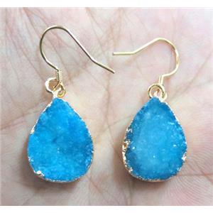 blue druzy quartz earring, teardrop, approx 13x18mm
