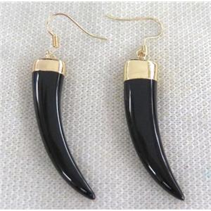 black onyx earring, horn, gold plated, approx 40mm length