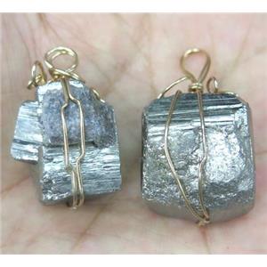 pyrite pendant, wire wrapped, freeform nugget, approx 15-25mm