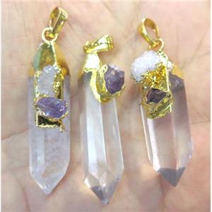 Clear Quartz bullet pendant paved gems, gold plated, approx 20-50mm