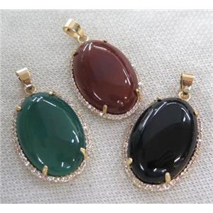 agate pendant with rhinestone, oval, mixed color, approx 20x30mm