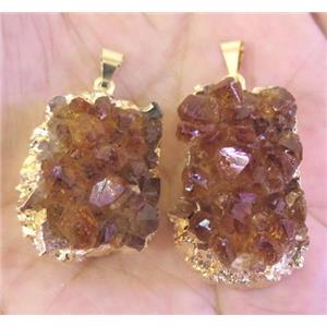 Citrine Druzy pendant, yellow, freeform, gold plated, approx 15-30mm
