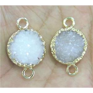 white druzy quartz connector, flat-round, gold plated, approx 15mm dia