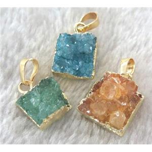 clear quartz druzy pendant, square, mixed color, approx 13x13mm