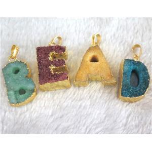 mixed druzy quartz pendant, letter, gold plated, approx 15-30mm