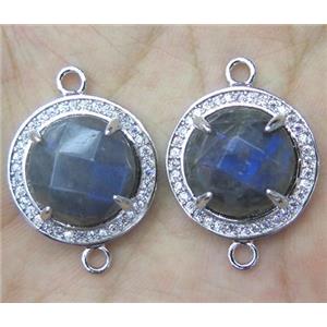 Labradorite connector with rhinestone, round, approx 20mm dia