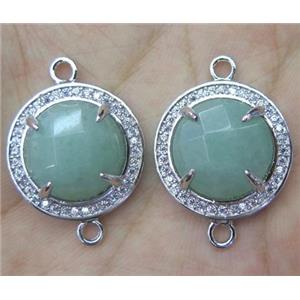 Green Aventurine connector with rhinestone, round, approx 20mm dia