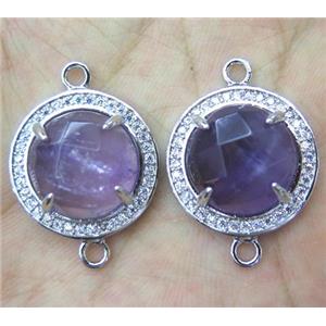 Amethyst connector with rhinestone, round, approx 20mm dia