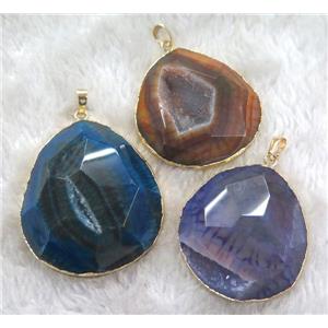 druzy agate pendant, faceted freefrom, mixed color, gold plated, approx 20-50mm