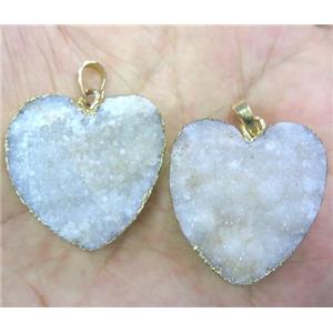 white druzy quartz pendant, heart, gold plated, approx 15-30mm
