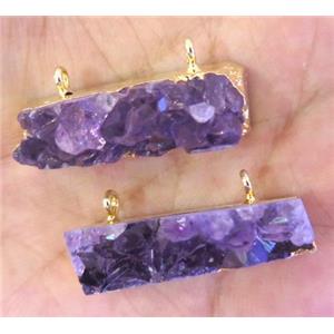 purple amethyst druzy pendant with 2holes, rectangle, gold plated, approx 8-35mm