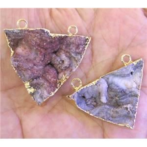Agate Druzy triangle pendant with 2holes, gold plated, approx 15-35mm