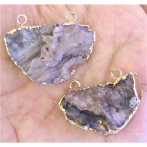 Agate Druzy pendant with 2holes, moonshape, gold plated, approx 15-35mm