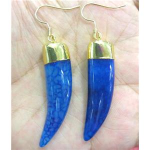 blue agate horn earring, gold plated, approx 10-40mm