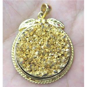 Agate druzy pendant, flat-round, gold plated, approx 25mm dia