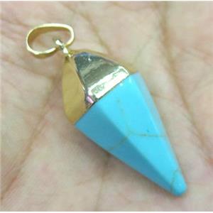 blue turquoise bullet pendant, gold plated, approx 15-38mm
