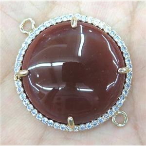 red agate connector with rhinestone, round, approx 25mm dia