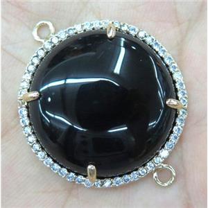 black agate connector with rhinestone, round, approx 25mm dia