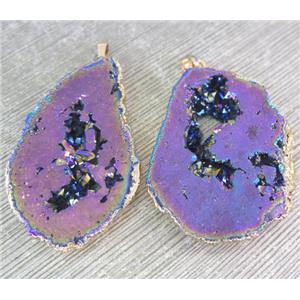 druzy agate slice pendant, freeform. rainbow electroplated, approx 30-50mm