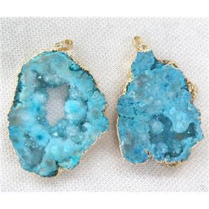 blue druzy agate slice pendant, freeform, gold plated, approx 20-60mm