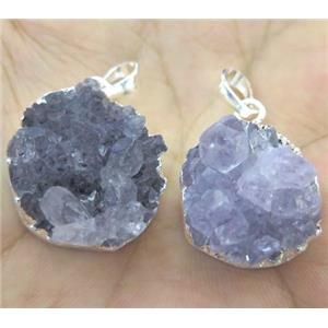 amethyst druzy pendant, flat-round, silver plated, approx 18-25mm