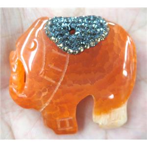 orange Agate elephant pendant pave rhinestone, approx 40-60mm