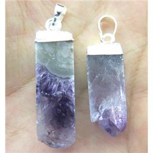Amethyst druzy pendant, stick, silver plated, approx 15-30mm