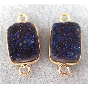 druzy quartz connector, rectangle, blue electroplated, approx 10x14mm