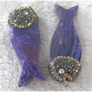 purple fish agate pendant with rhinestone, approx 22-55mm