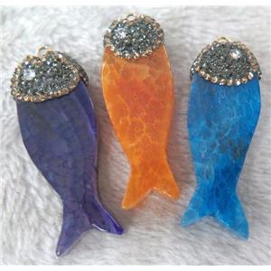 agate fish pendant with rhinestone, mix color, approx 22-55mm