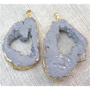 druzy agate slice pendant, freeform, gray electroplated, approx 25-50mm