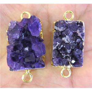Amethyst druzy connector, rectangle, gold plated, approx 10-20mm