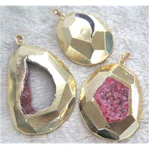 pink druzy agate pendant, geode, freeform, gold plated, approx 30-60mm