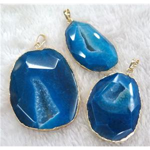 blue druzy agate pendant, geode, faceted freeform, gold plated, approx 20-60mm